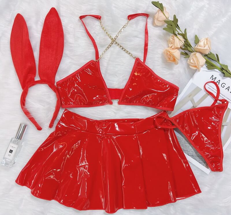 NURO Women's PVC Leather Bunny Girl Costume Set with Corset and Flared Skirt