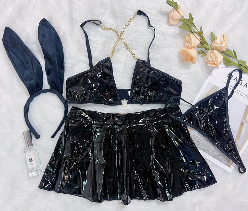 NURO Women's PVC Leather Bunny Girl Costume Set with Corset and Flared Skirt