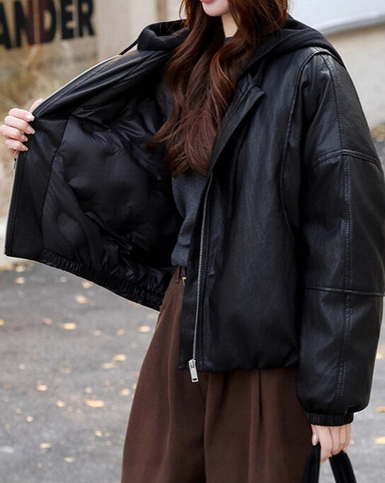 NURO Women's Padded Hooded PU Leather Jacket Short Loose Fit Coat