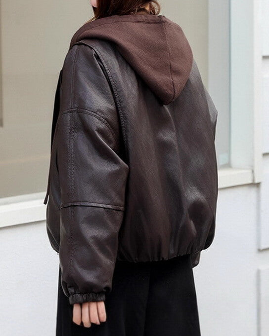 NURO Women's Padded Hooded PU Leather Jacket Short Loose Fit Coat