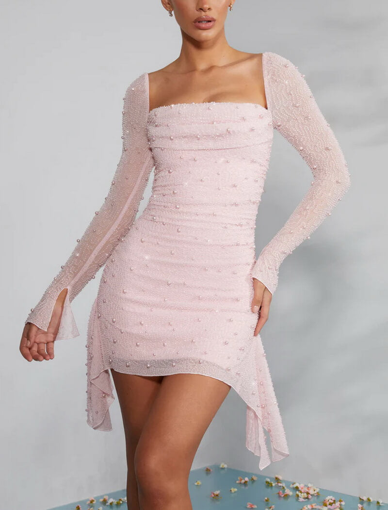 NURO Women's Pearl Embellished Mesh Mini Dress, Long Sleeve Square Neck Bodycon Skirt