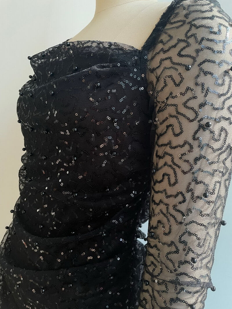 NURO Women's Pearl Embellished Mesh Mini Dress, Long Sleeve Square Neck Bodycon Skirt