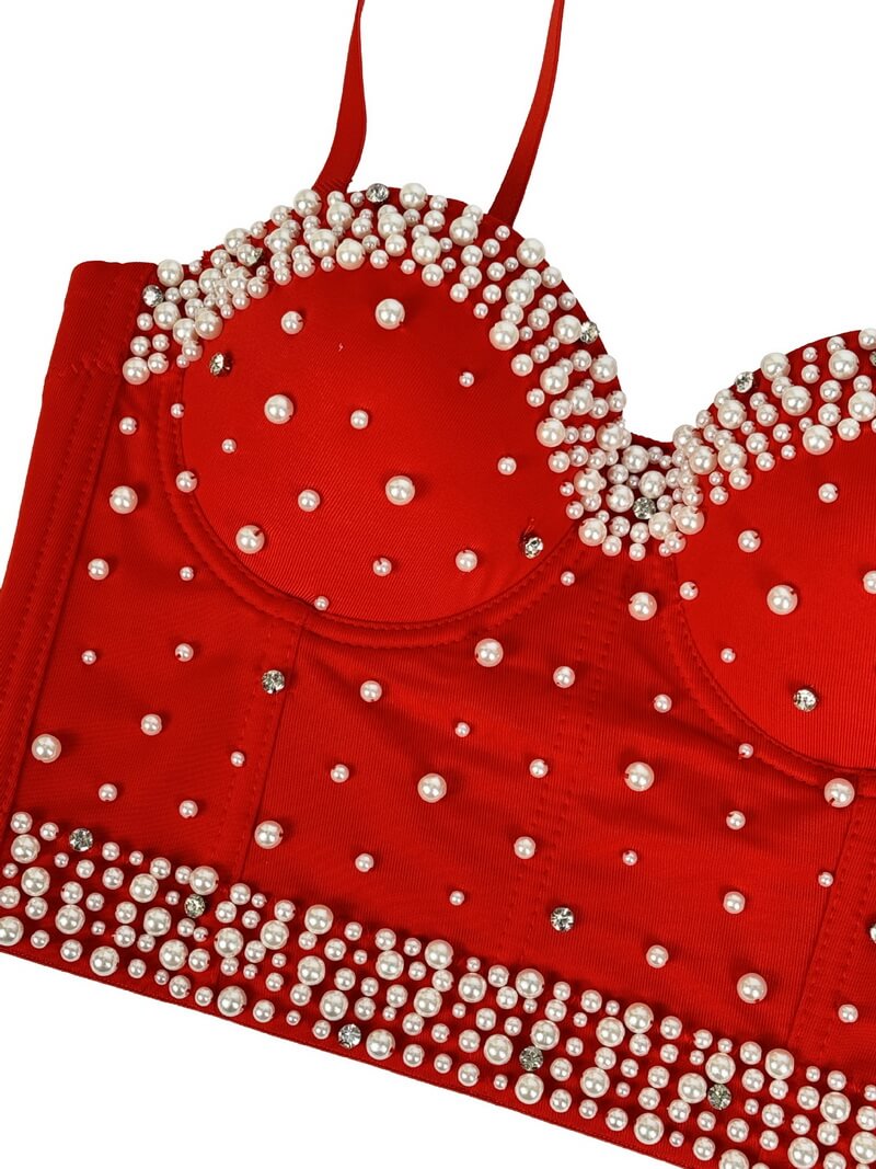 NURO Women's Pearl and Rhinestone Festive Underwire Bustier Top
