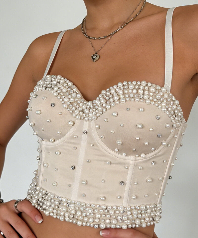 NURO Women's Pearl and Rhinestone Festive Underwire Bustier Top