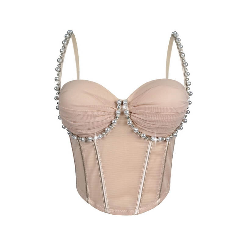 NURO Women's Pearl and Rhinestone Pleated Underwire Bustier Top