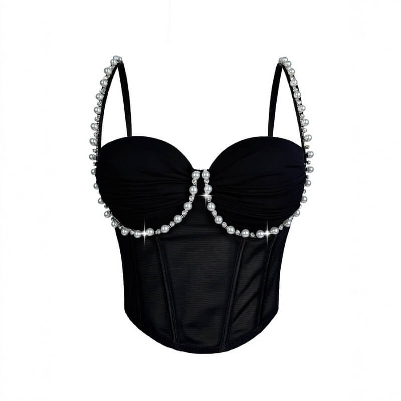 NURO Women's Pearl and Rhinestone Pleated Underwire Bustier Top