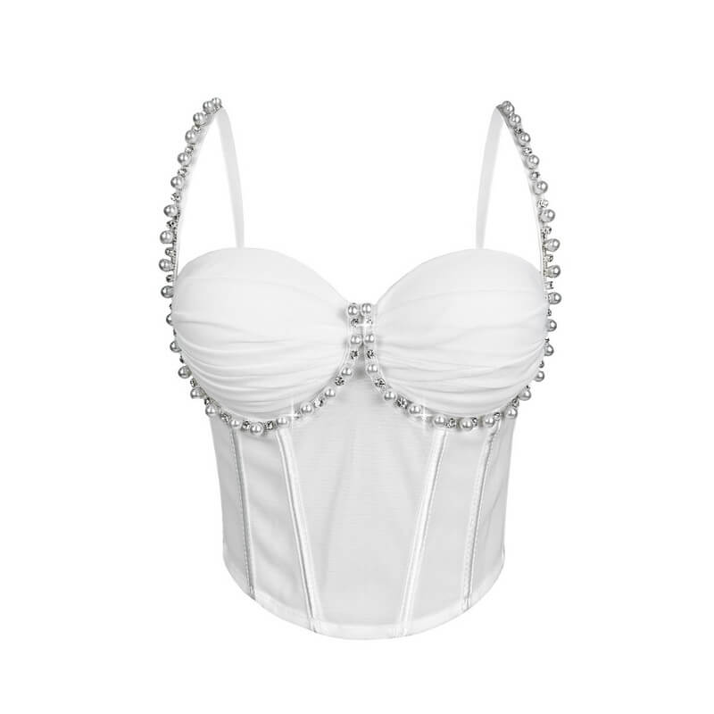 NURO Women's Pearl and Rhinestone Pleated Underwire Bustier Top