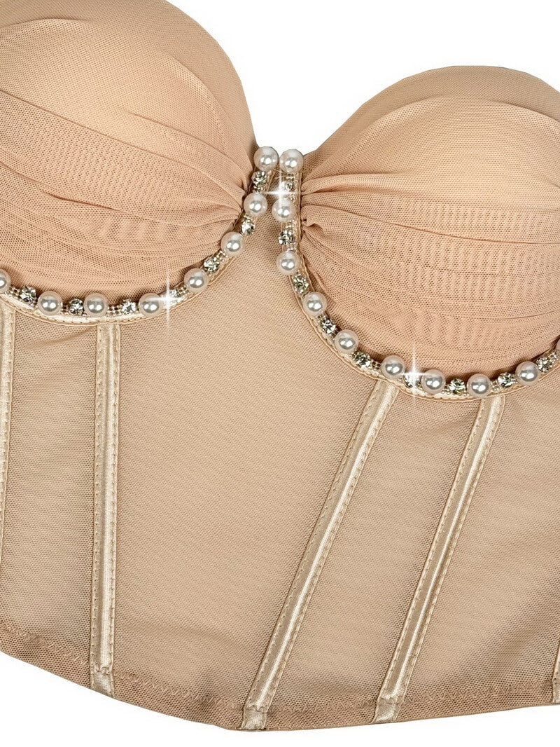 NURO Women's Pearl and Rhinestone Pleated Underwire Bustier Top