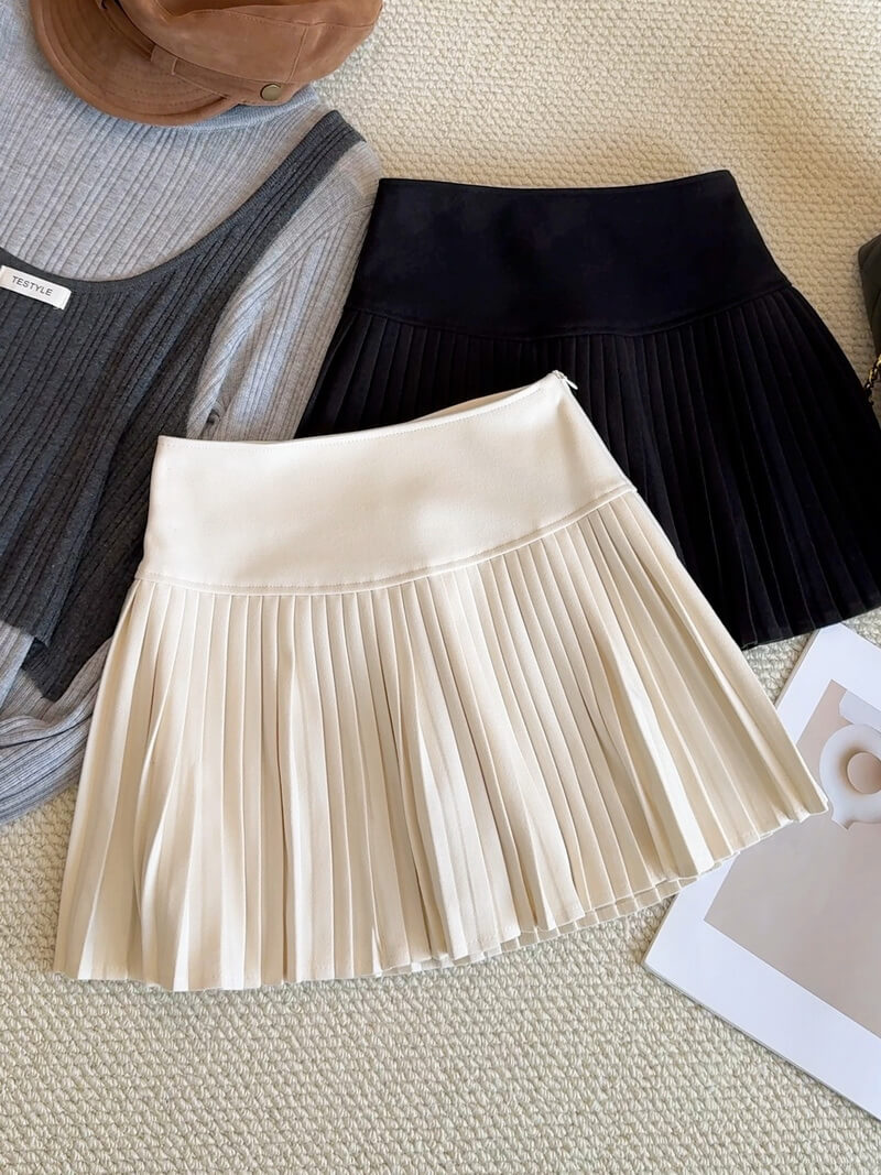 NURO Women's Plaid Wool Blend Pleated Skirt – High Waist A-Line Mini Skirt