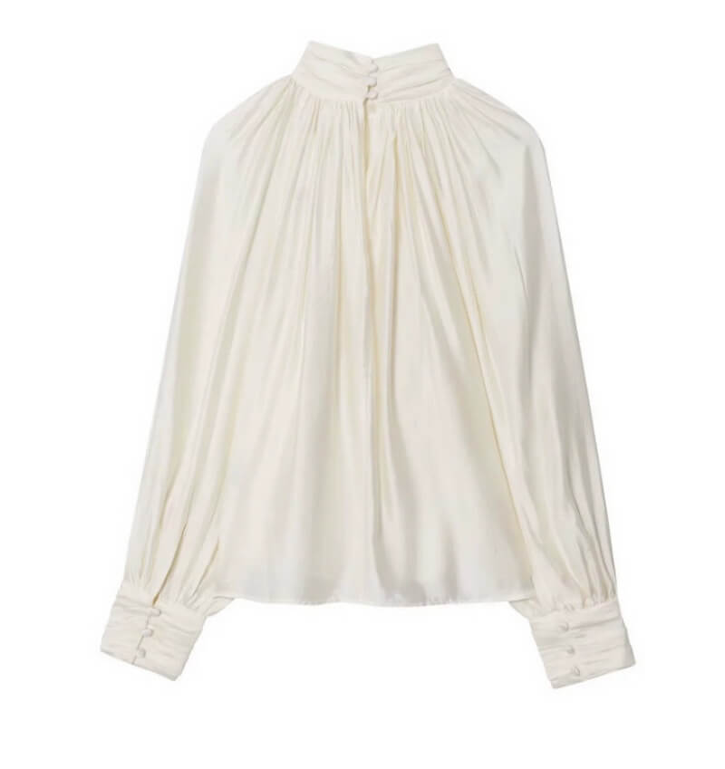 NURO Women's Pleated Puff Sleeve Blouse - Elegant Mock Neck Top