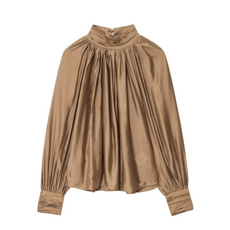 NURO Women's Pleated Puff Sleeve Blouse - Elegant Mock Neck Top