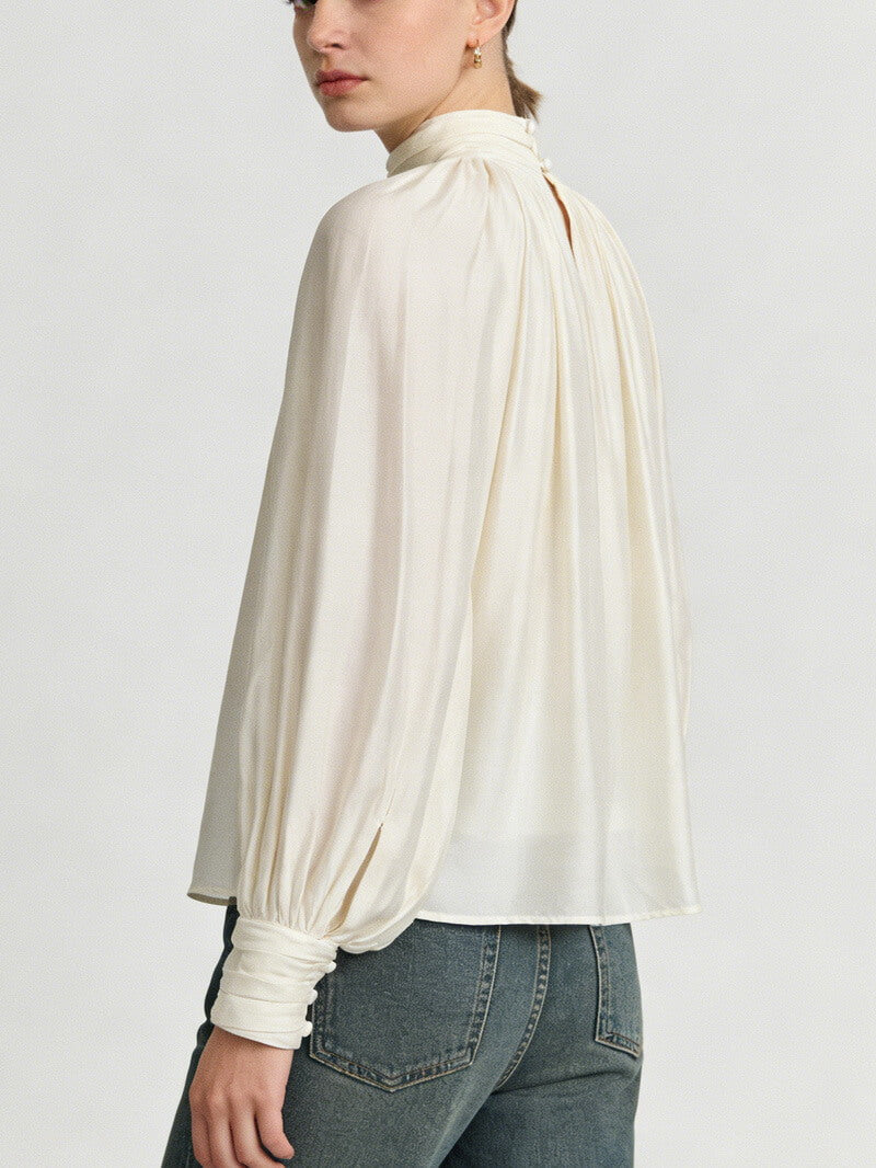 NURO Women's Pleated Puff Sleeve Blouse - Elegant Mock Neck Top