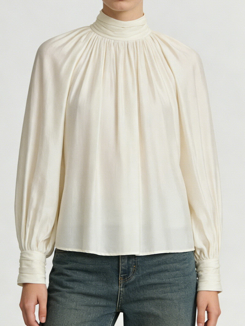 NURO Women's Pleated Puff Sleeve Blouse - Elegant Mock Neck Top