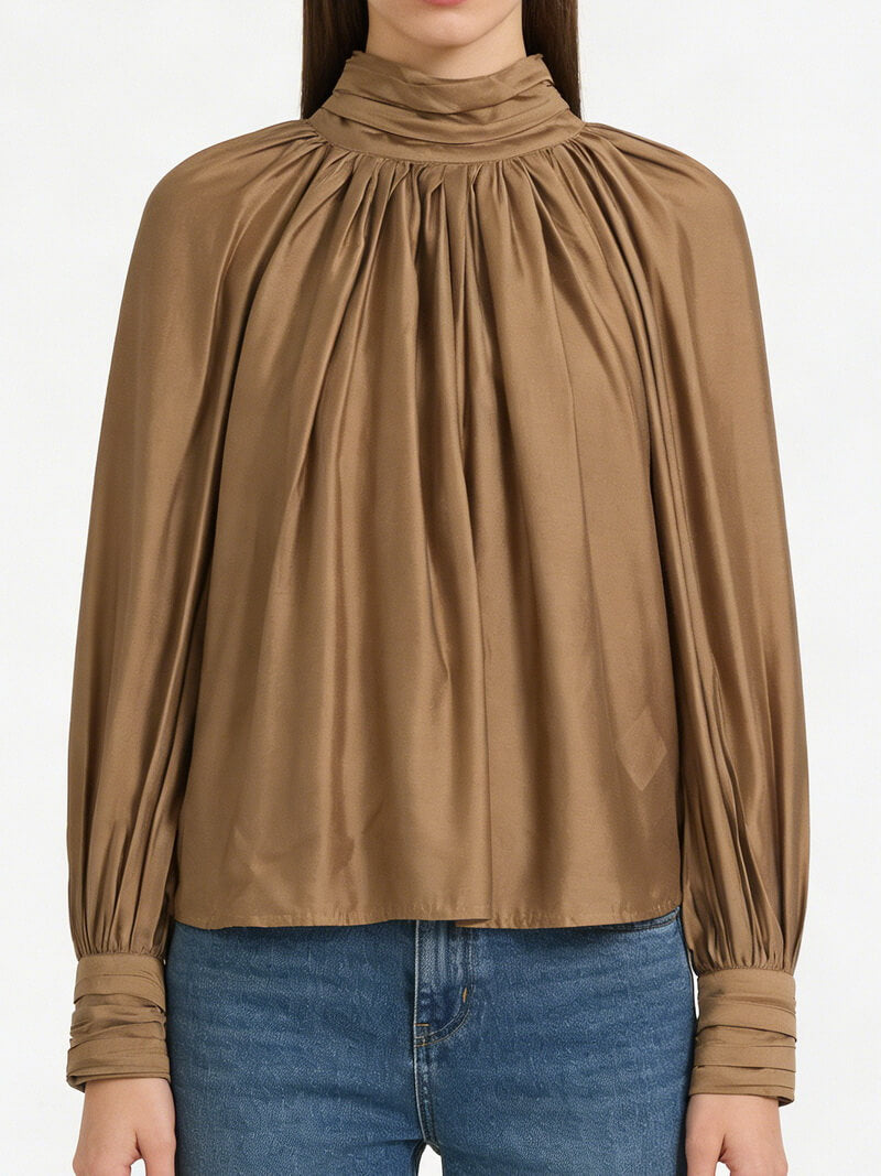 NURO Women's Pleated Puff Sleeve Blouse - Elegant Mock Neck Top