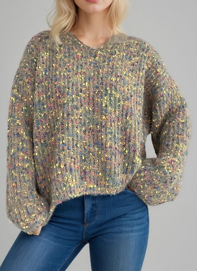 NURO Women's Polka Dot Pullover Sweater - Long Sleeve V-Neck Knit Top, Casual Everyday Wear