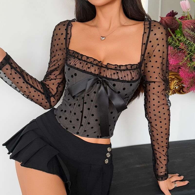 NURO Women's Polka Dot Sheer Mesh Long Sleeve Crop Top with Bow Detail