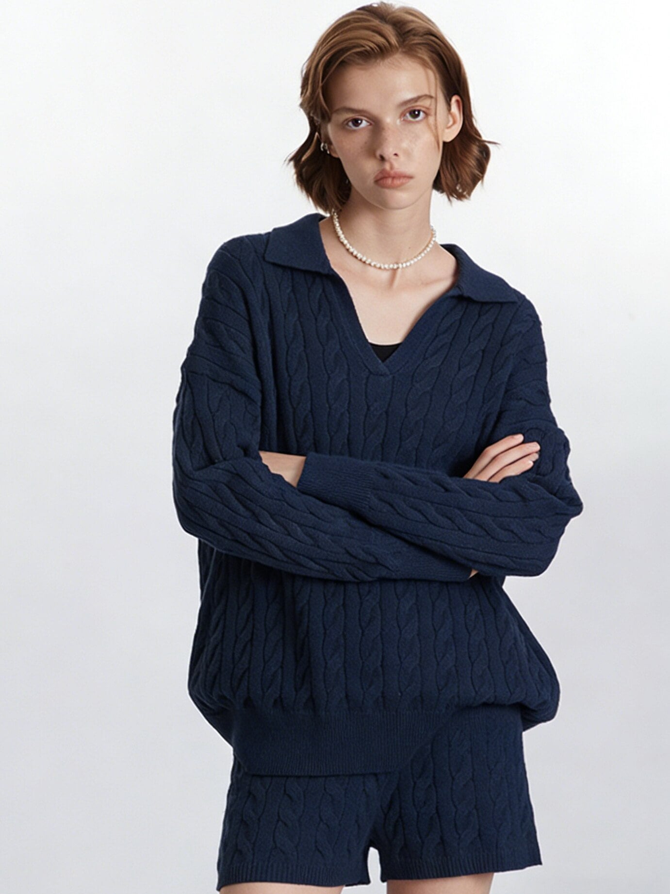 NURO Women's Polo Neck Cable Knit Sweater Set, Long Sleeve Top & Shorts Two-Piece Outfit