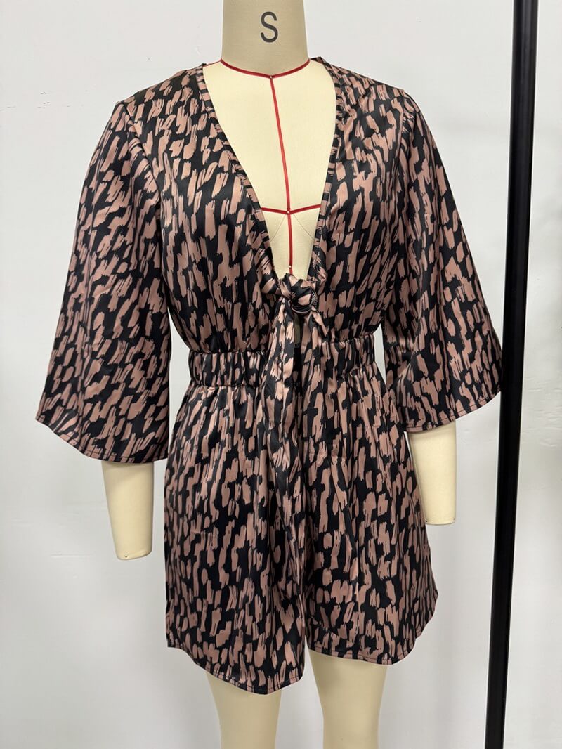 NURO Women's Printed Satin Jumpsuit, Wide Leg Three-Quarter Sleeve Romper