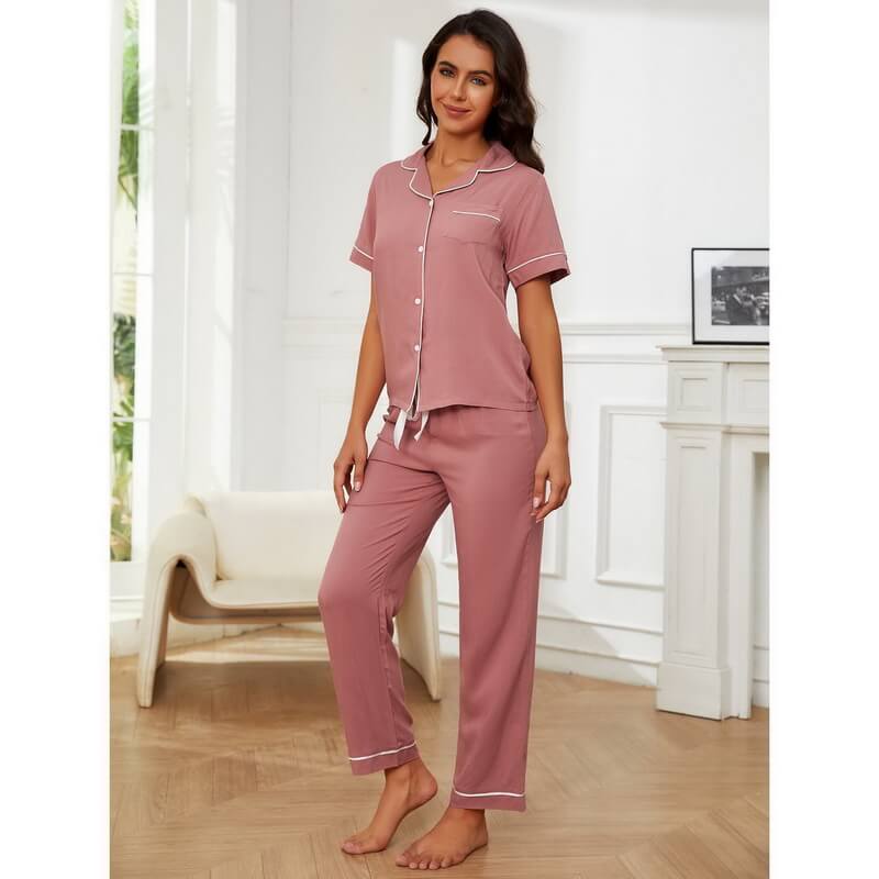 NURO Women's Rayon Loungewear Set with Half Sleeve Button-Down Top and Lounge Pants, Lightweight Spring and Autumn Home Wear or Casual Outfit