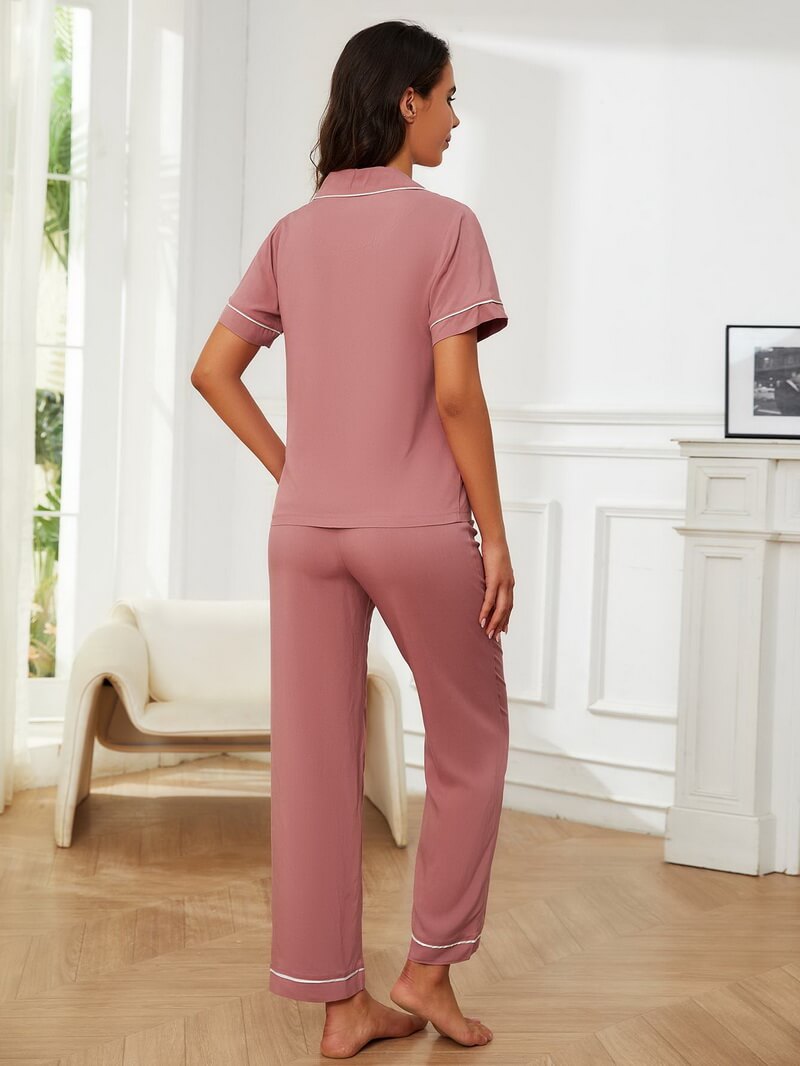 NURO Women's Rayon Loungewear Set with Half Sleeve Button-Down Top and Lounge Pants, Lightweight Spring and Autumn Home Wear or Casual Outfit