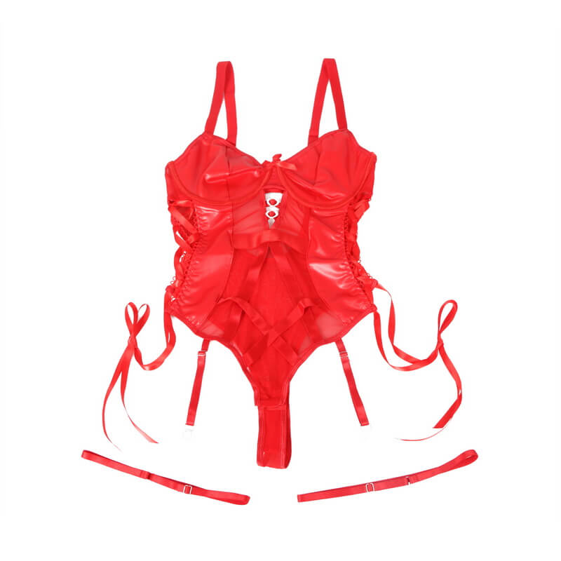NURO Women's Red PU Leather & Mesh Teddy Bodysuit with Waist Cutout and Thigh Straps