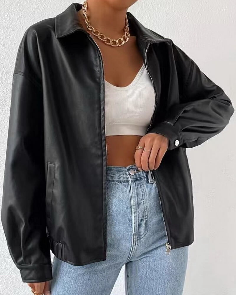 NURO Women's Retro Biker Leather Jacket - Zip-Up Motorcycle Style Coat, Vintage Inspired Faux Leather Jacket