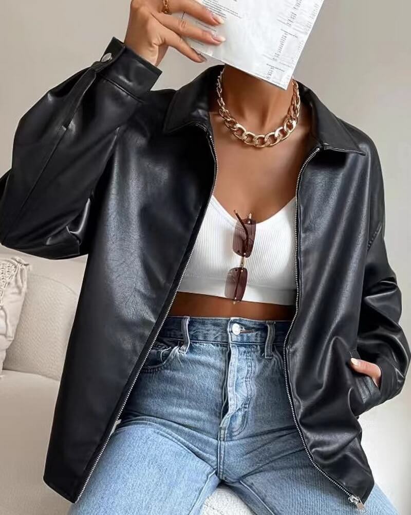 NURO Women's Retro Biker Leather Jacket - Zip-Up Motorcycle Style Coat, Vintage Inspired Faux Leather Jacket