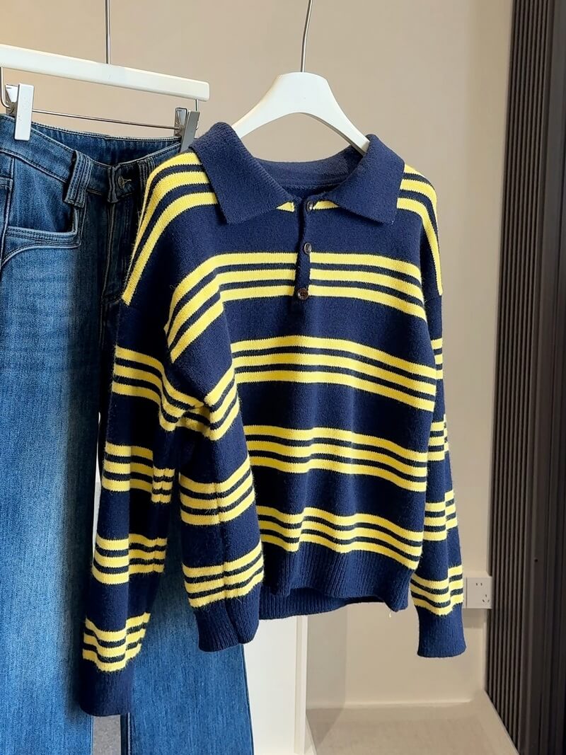 NURO Women's Retro Color Block Striped Collared Knit Sweater, Casual Pullover Top with Turn-Down Collar