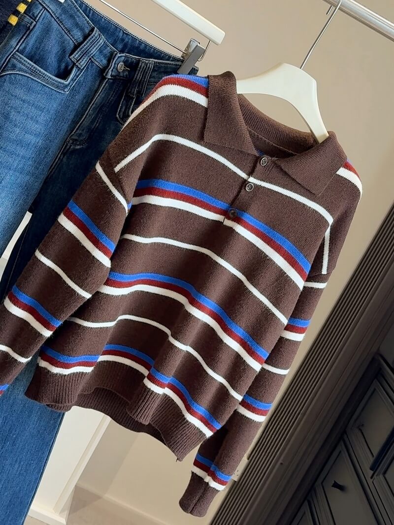 NURO Women's Retro Color Block Striped Collared Knit Sweater, Casual Pullover Top with Turn-Down Collar