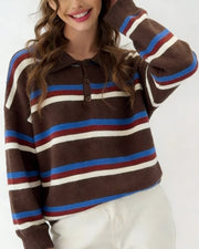 NURO Women's Retro Color Block Striped Collared Knit Sweater, Casual Pullover Top with Turn-Down Collar