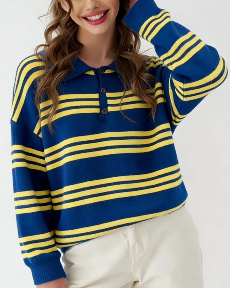 NURO Women's Retro Color Block Striped Collared Knit Sweater, Casual Pullover Top with Turn-Down Collar