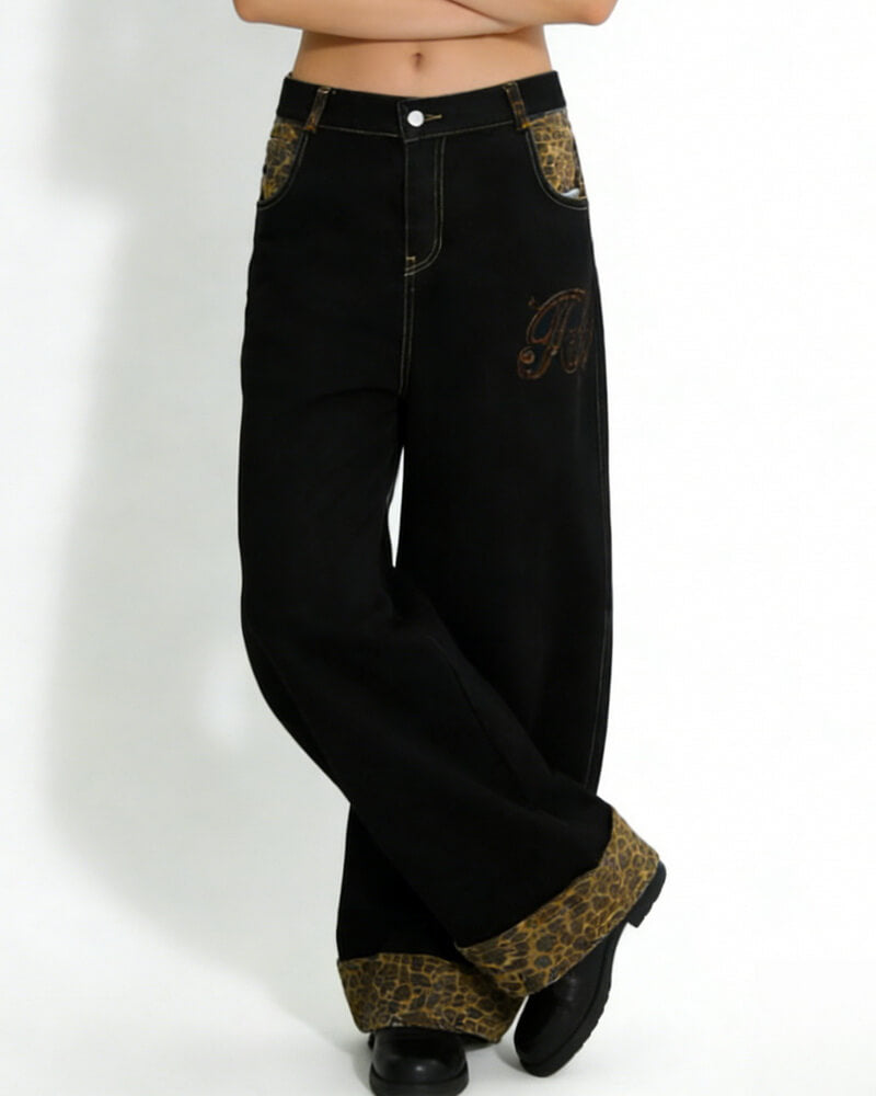 NURO Women's Retro Embroidered Straight Leg Jeans, Vintage Blue and Black Denim Pants for Fall