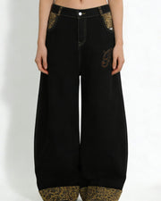 NURO Women's Retro Embroidered Straight Leg Jeans, Vintage Blue and Black Denim Pants for Fall