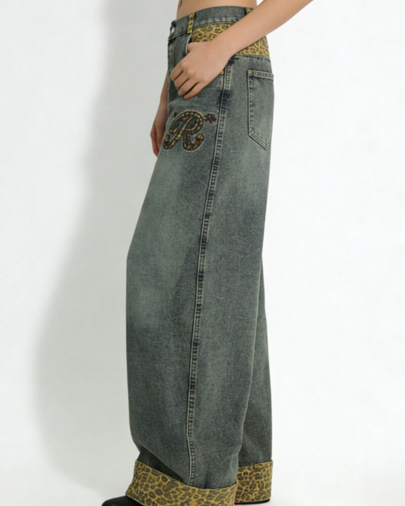 NURO Women's Retro Embroidered Straight Leg Jeans, Vintage Blue and Black Denim Pants for Fall