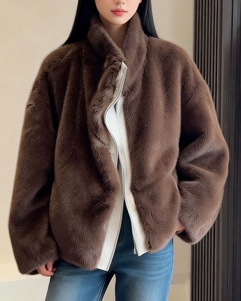 NURO Women's Reversible Faux Fur Jacket – Detachable Collar Oversized Coat