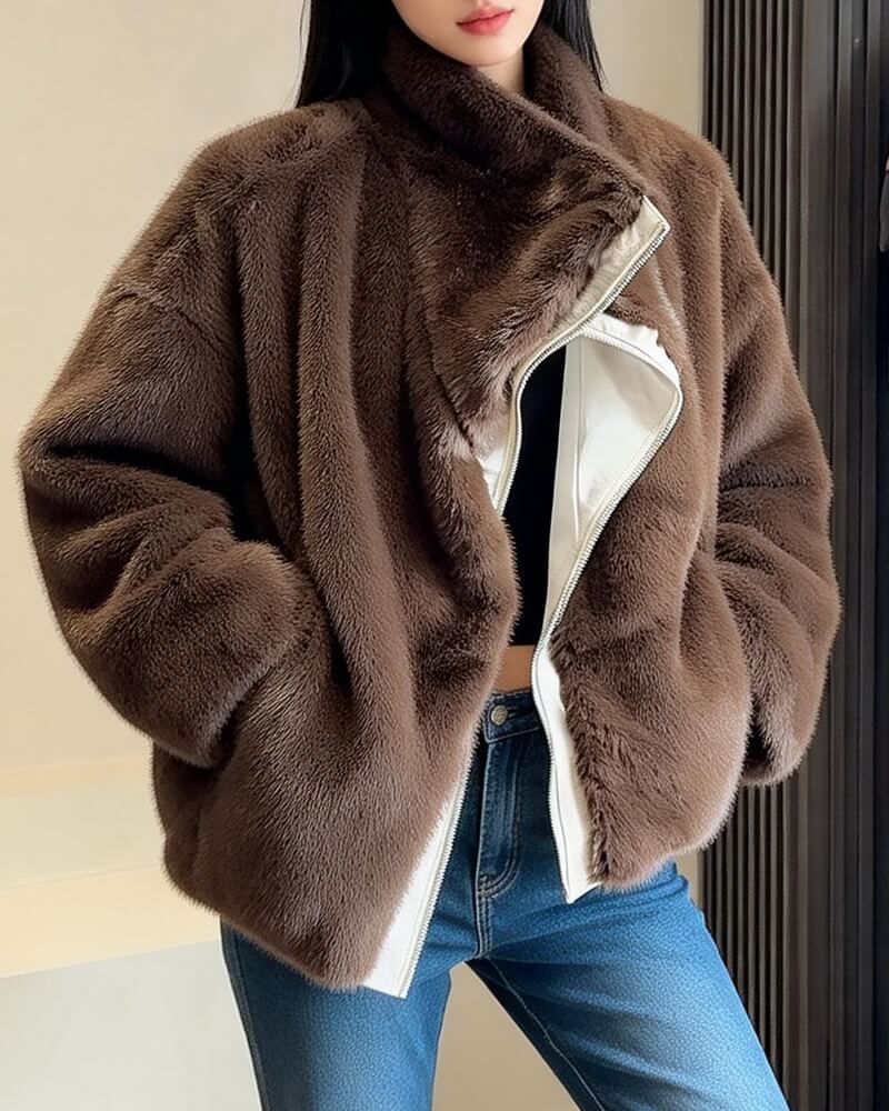 NURO Women's Reversible Faux Fur Jacket – Detachable Collar Oversized Coat