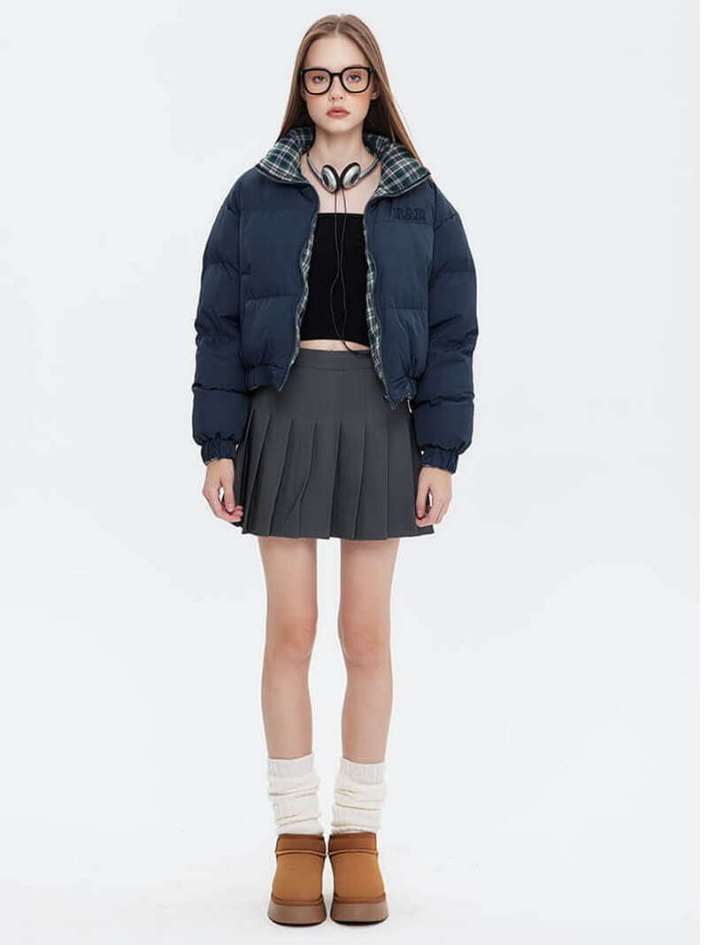 NURO Women's Reversible Puffer Jacket, Short Stand Collar Quilted Coat, Loose Fit Winter Outerwear