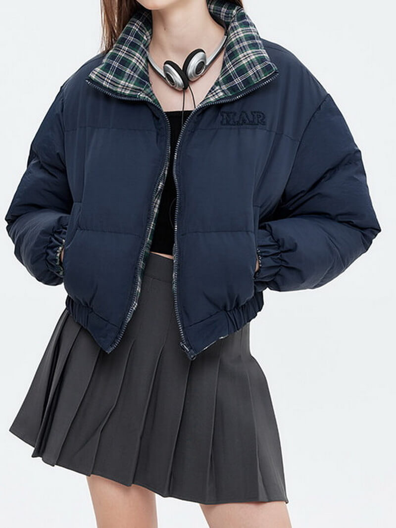 NURO Women's Reversible Puffer Jacket, Short Stand Collar Quilted Coat, Loose Fit Winter Outerwear