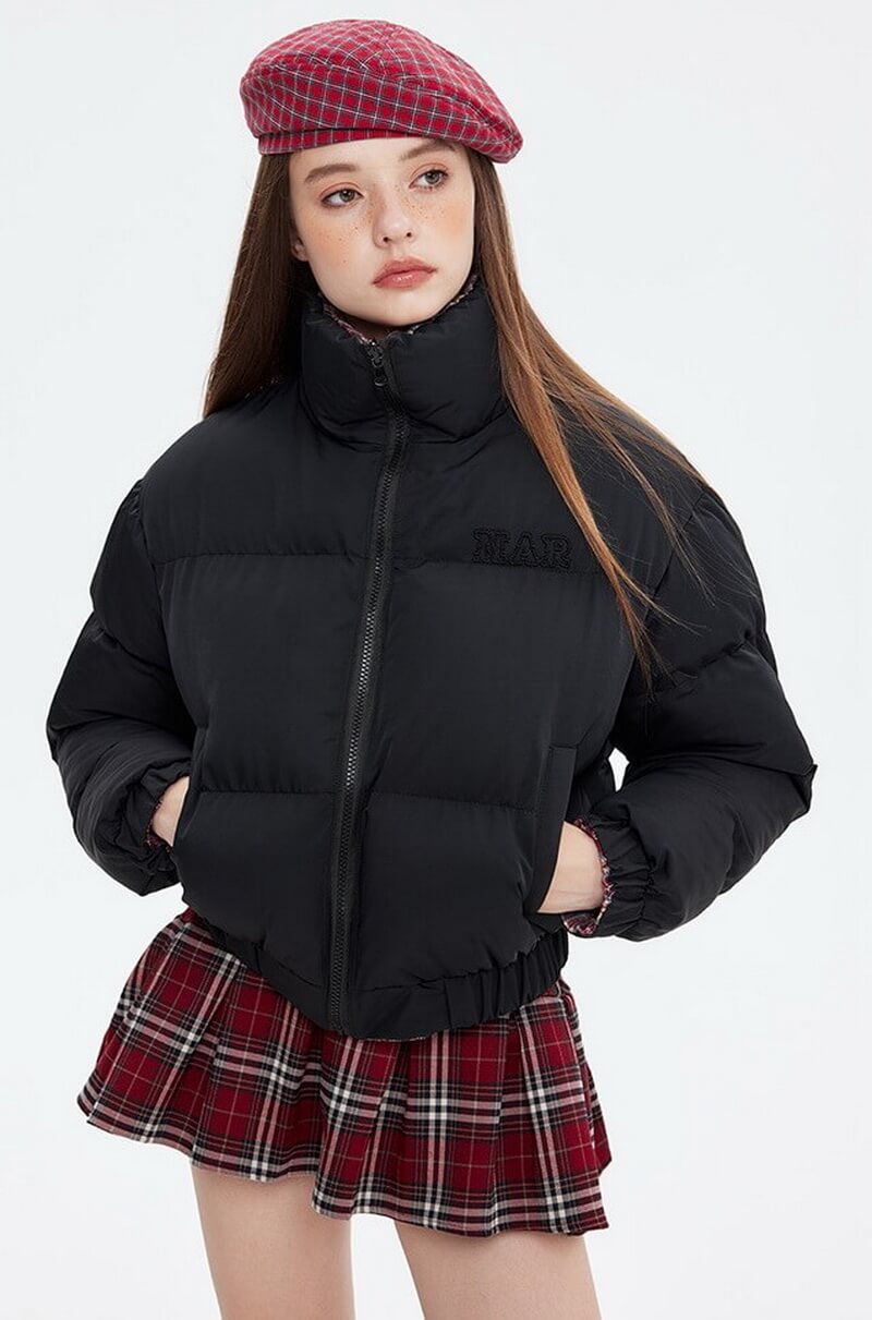 NURO Women's Reversible Puffer Jacket, Short Stand Collar Quilted Coat, Loose Fit Winter Outerwear