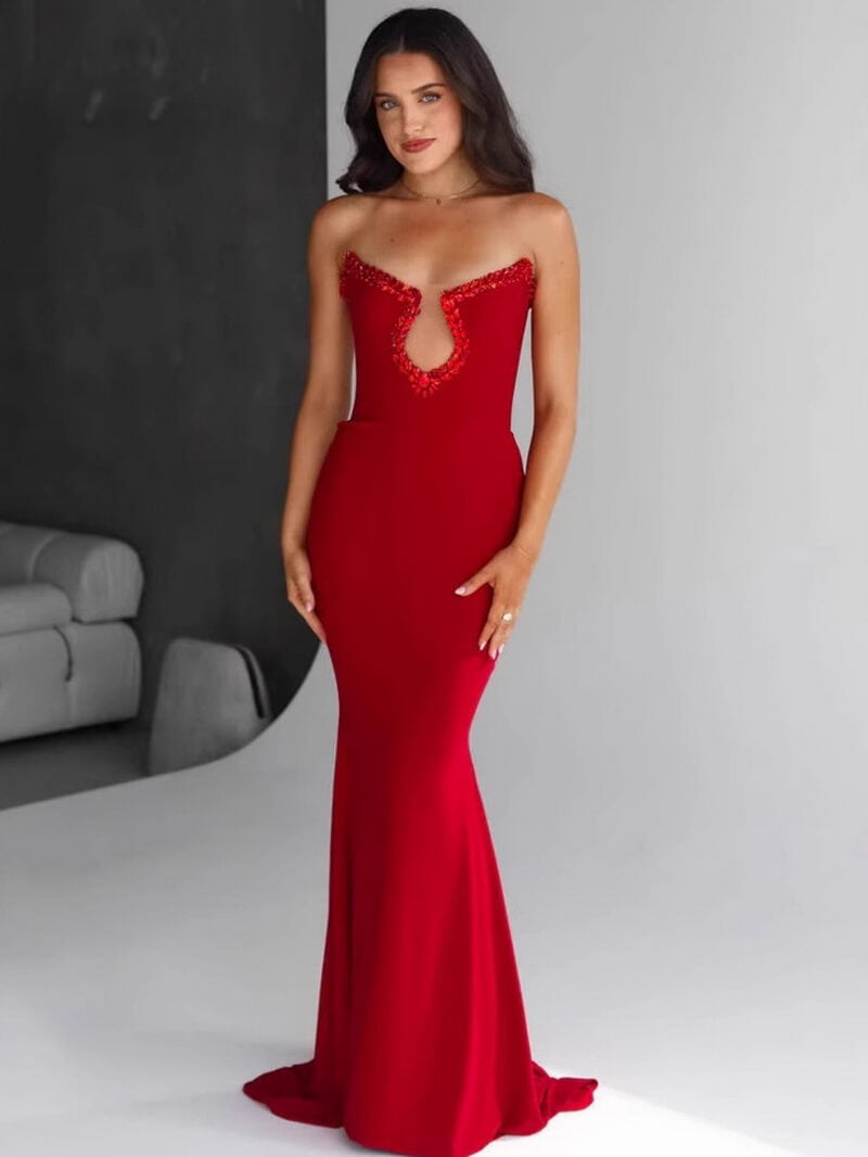 NURO Women's Rhinestone Bandage Evening Gown, Sleeveless Square Neck Bodycon Maxi Dress