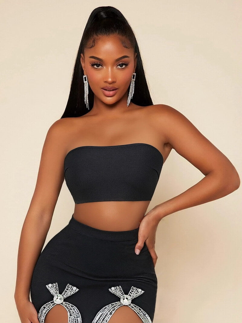 NURO Women's Rhinestone Bow Bandage Set, Tube Top and Mini Skirt Two-Piece Outfit