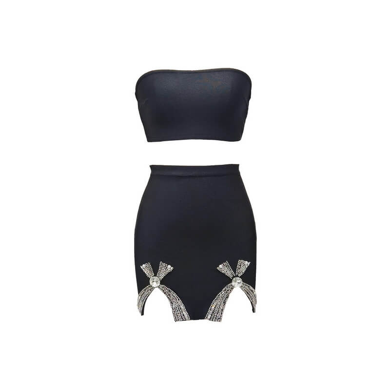NURO Women's Rhinestone Bow Bandage Set, Tube Top and Mini Skirt Two-Piece Outfit