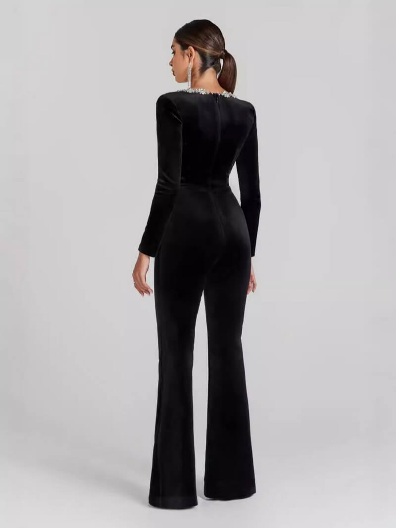 NURO Women's Rhinestone Embellished Jumpsuit, Square Neck Long Sleeve Wide-Leg Romper