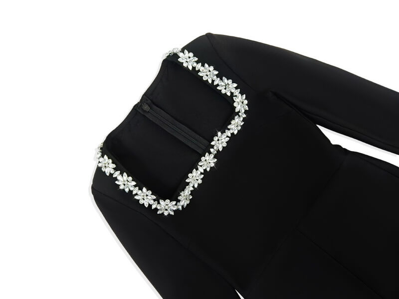 NURO Women's Rhinestone Embellished Jumpsuit, Square Neck Long Sleeve Wide-Leg Romper