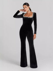 NURO Women's Rhinestone Embellished Jumpsuit, Square Neck Long Sleeve Wide-Leg Romper