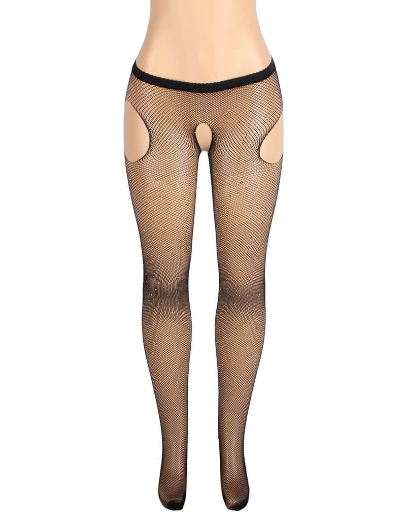 NURO Women's Rhinestone Fishnet Pantyhose Open Crotch Wide Waistband