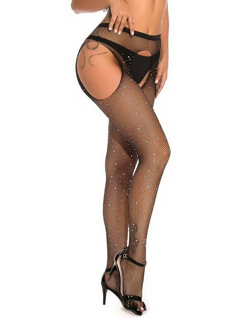 NURO Women's Rhinestone Fishnet Pantyhose Open Crotch Wide Waistband