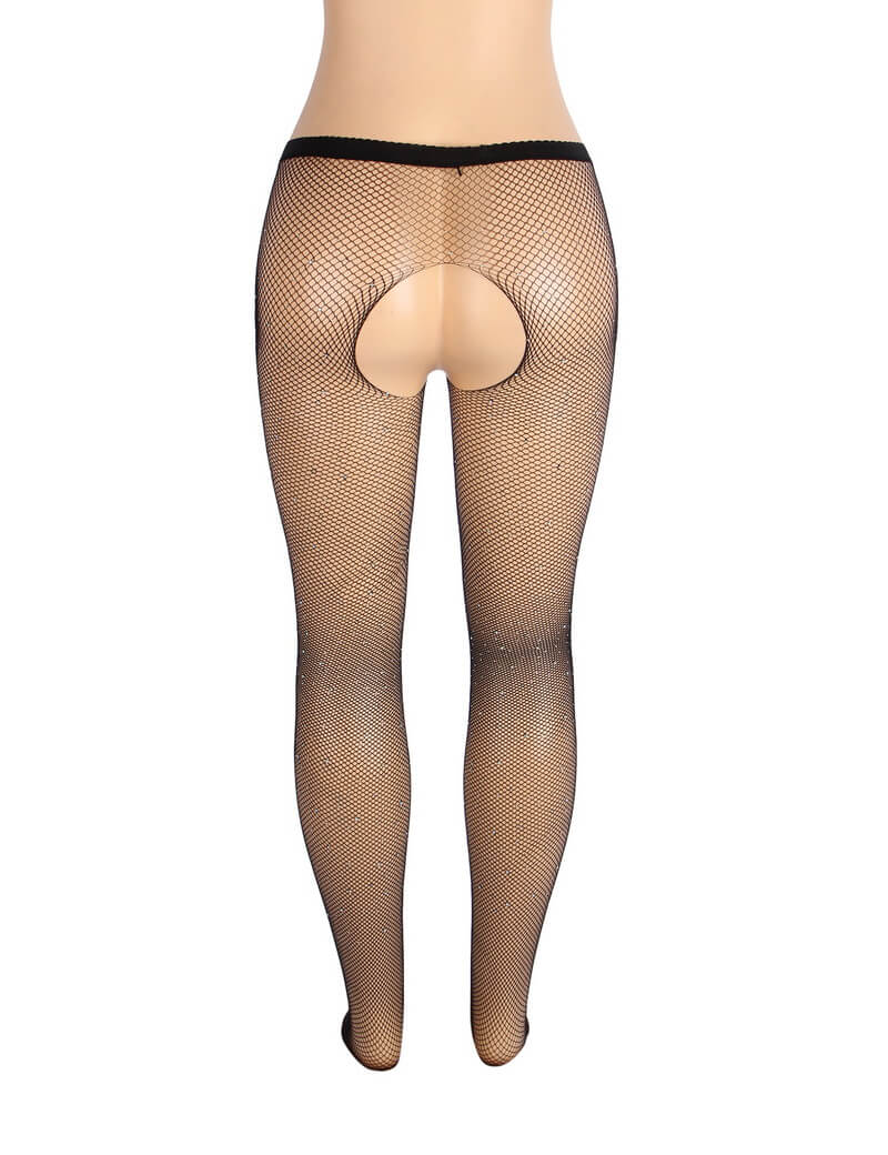 NURO Women's Rhinestone Fishnet Pantyhose Open Crotch Wide Waistband