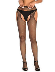 NURO Women's Rhinestone Fishnet Pantyhose Open Crotch Wide Waistband