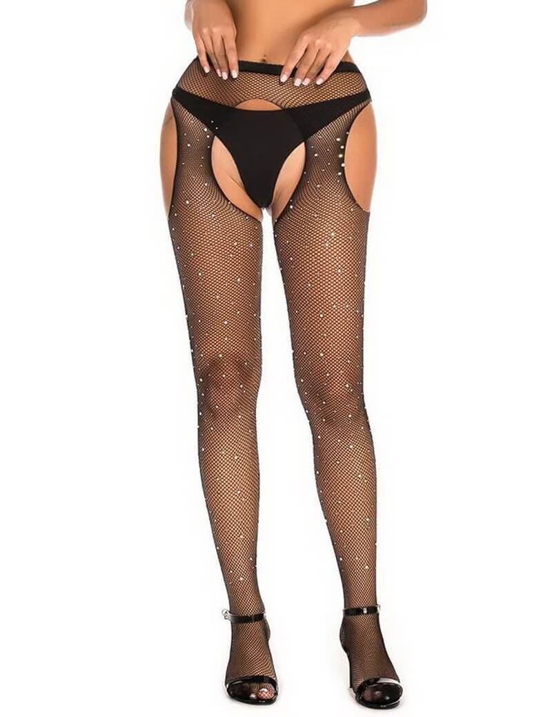 NURO Women's Rhinestone Fishnet Pantyhose Open Crotch Wide Waistband
